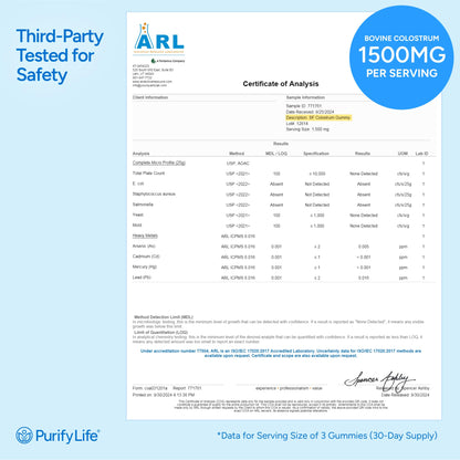 Purify Life Sugar-Free Colostrum Gummies 1500mg – 35% IgG | Immune & Gut Health