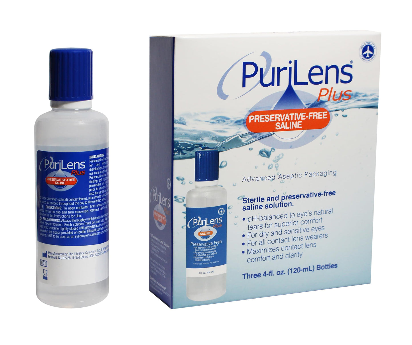 Purilens Plus Preservative-Free Contact Lens Saline 120ml (4 fl oz) – 3 Pack