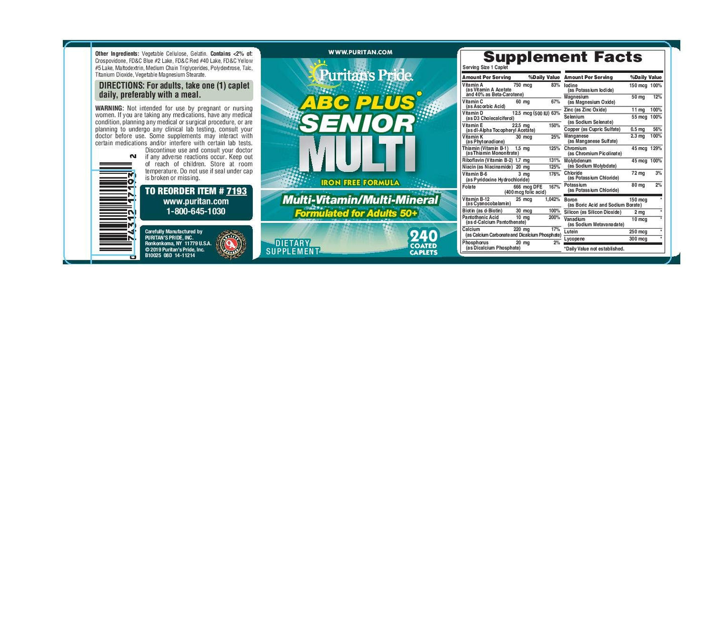 Puritan's Pride ABC Plus Senior Multivitamin Caplets 240 Count – Discontinued