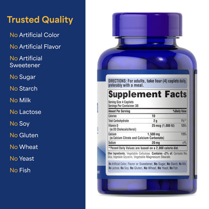 Puritan's Pride Calcium 1500 mg + Vitamin D3 1000 IU – 120 Coated Caplets