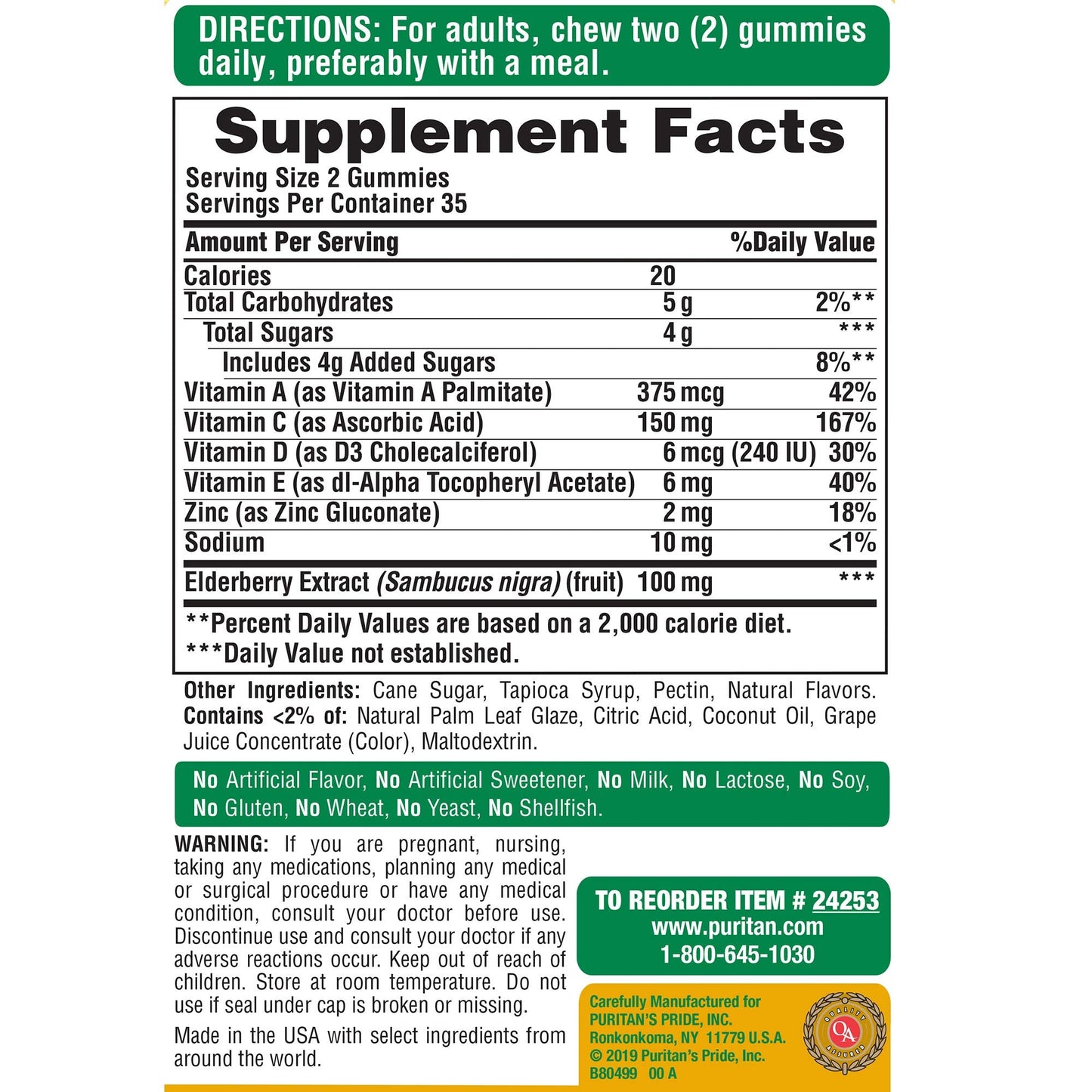Puritan's Pride Elderberry Gummies with Vitamin C, D & Zinc – 70 Count (Discontinued)