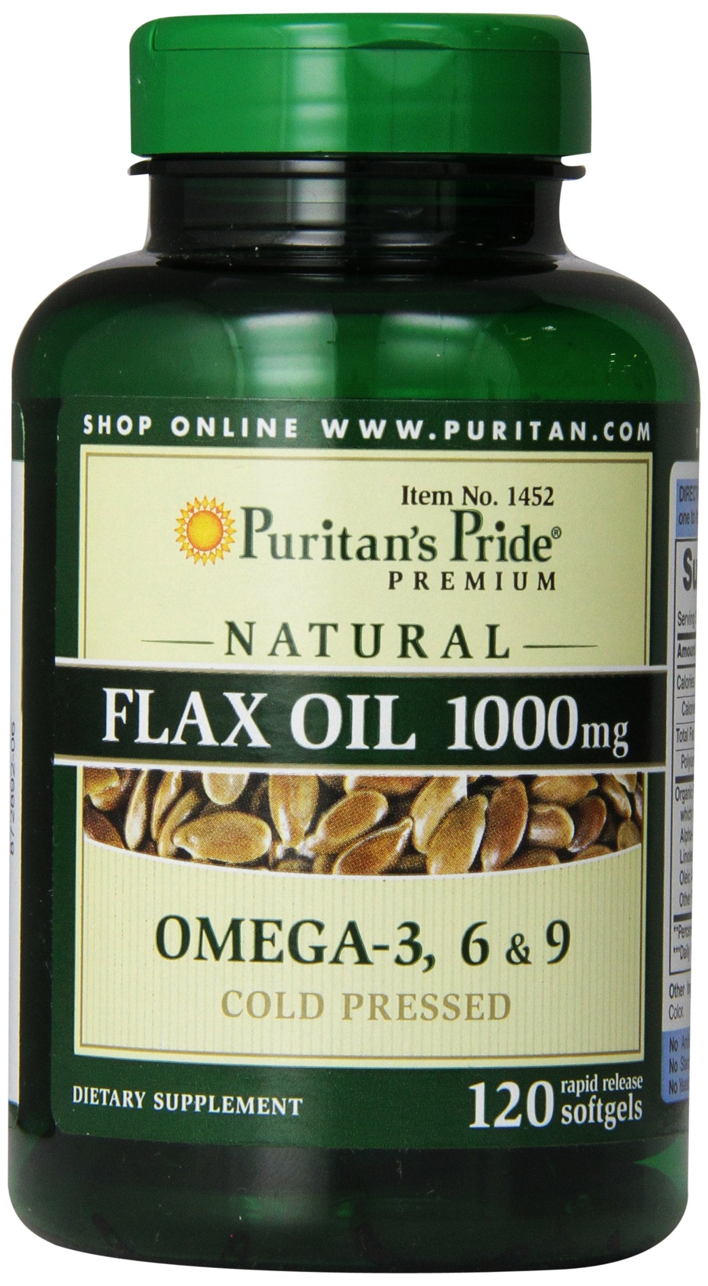 Puritan's Pride Flax Oil 1000 mg – Cold Pressed Omega-3-6-9 | 120 Softgels