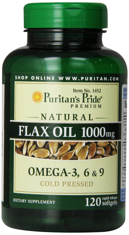 Puritan's Pride Flax Oil 1000 mg – Cold Pressed Omega-3-6-9 | 120 Softgels