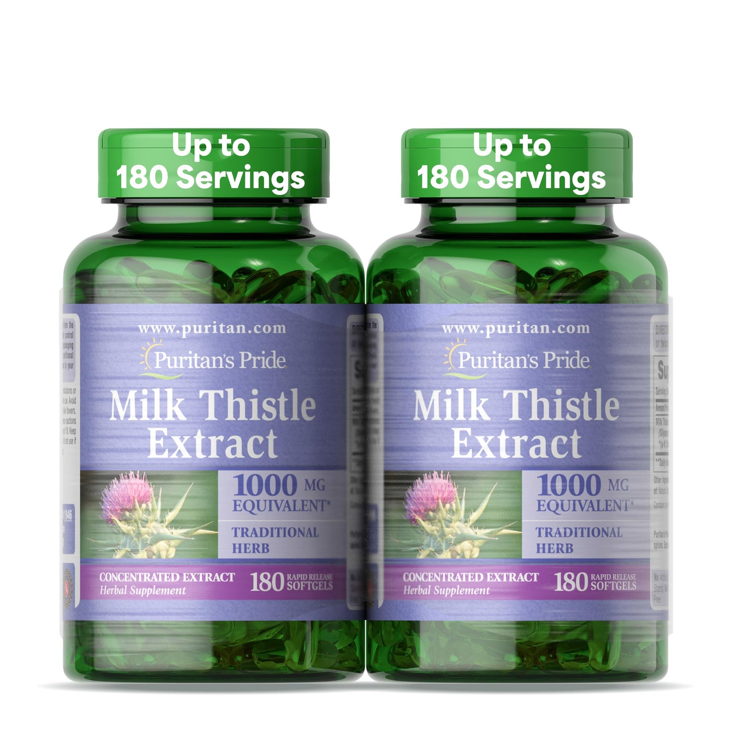 Puritan's Pride Milk Thistle Silymarin 4:1 Extract 200mg (1000mg Equivalent) – 6-Month Liver Support, 180 Softgels per Bottle, 2-Pack