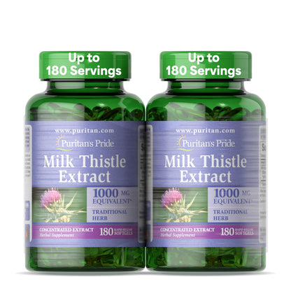 Puritan's Pride Milk Thistle Silymarin 4:1 Extract 200mg (1000mg Equivalent) – 6-Month Liver Support, 180 Softgels per Bottle, 2-Pack