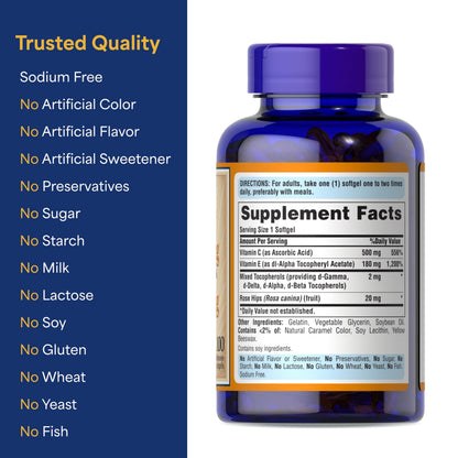 Puritan's Pride Vitamin C-500mg with Rose HIPS & Vitamin E-400 | 100 Softgels