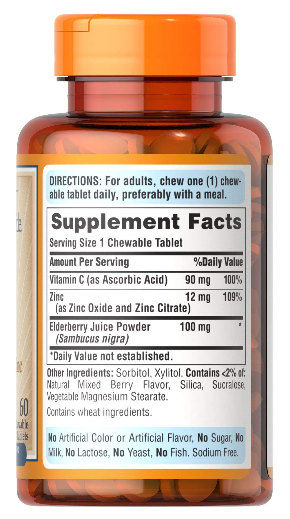Puritan's Pride Vitamin C with Elderberry & Zinc – Immune Support Chewables, 60 Count