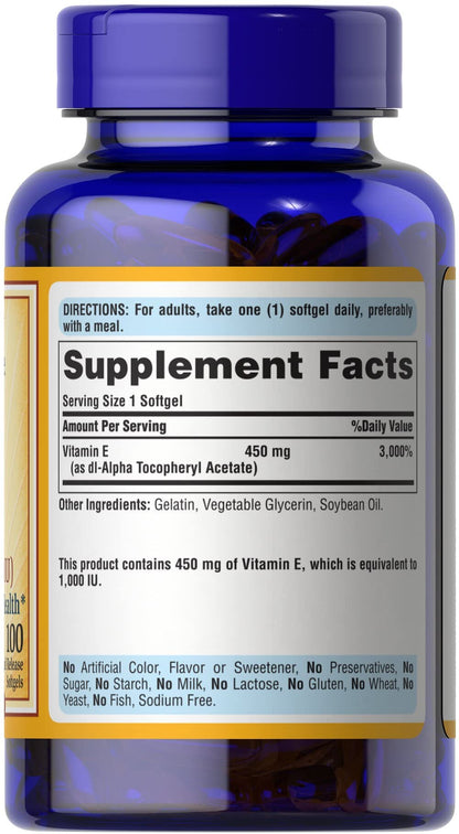 Puritan's Pride Vitamin E-1000 IU 100 SFTGLS | dl-Alpha Vitamin E Softgels