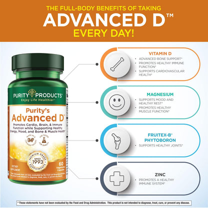 Purity Dr. Cannell's Advanced D Vitamin D3 Formula with Vitamin K2, Zinc, Magnesium Citrate, Boron & Taurine – 60 Vegetarian Capsules