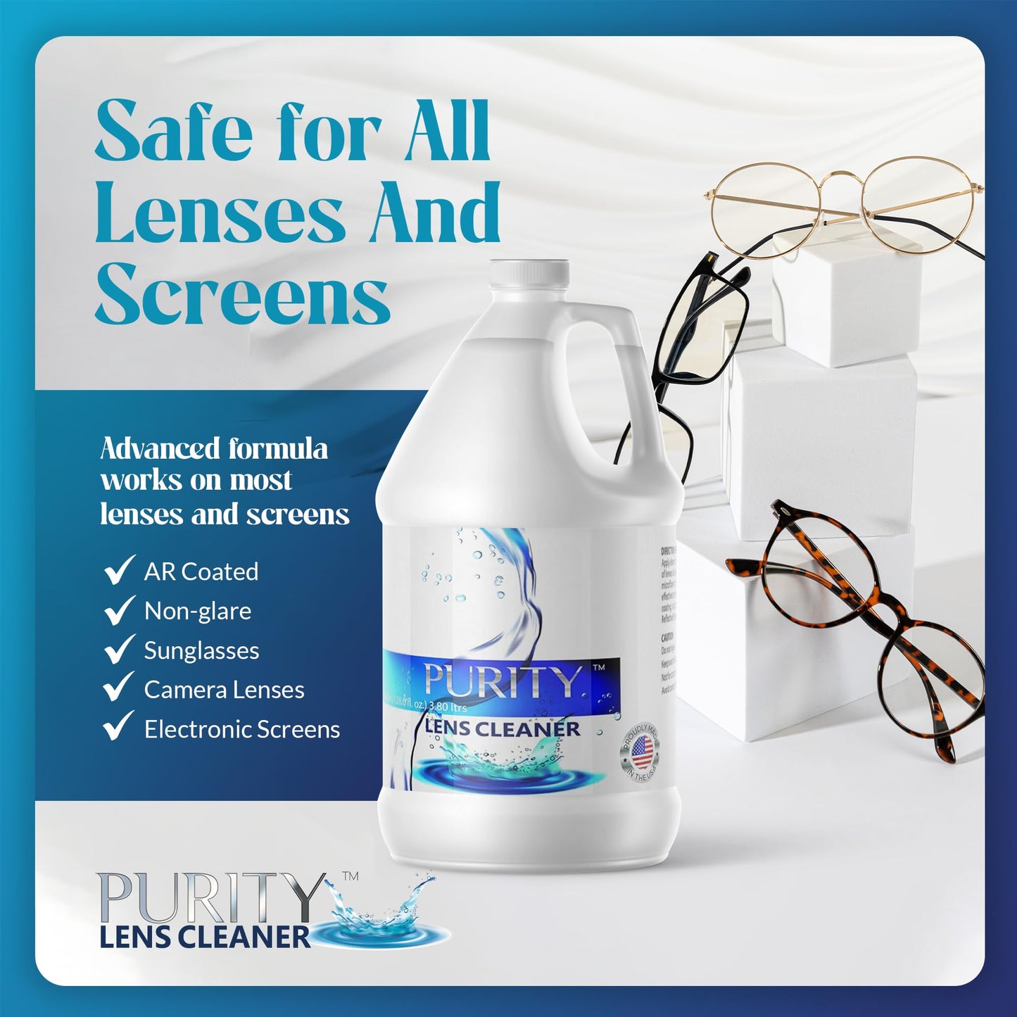 Purity Eye Glasses Lens Cleaner - 1gal Refill | Safe for All Lenses, AR Coated Included | Made in USA