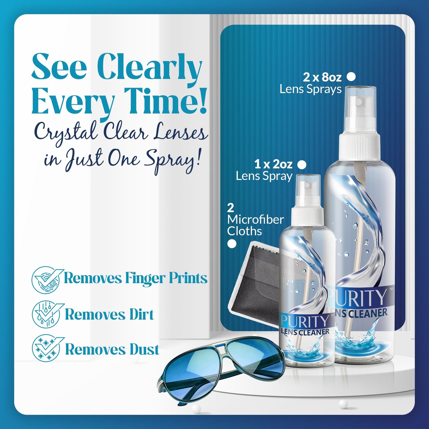 Purity Eyeglass Lens Cleaner Kit - 2x8oz + 1x2oz Spray, 2 Microfiber Cloths