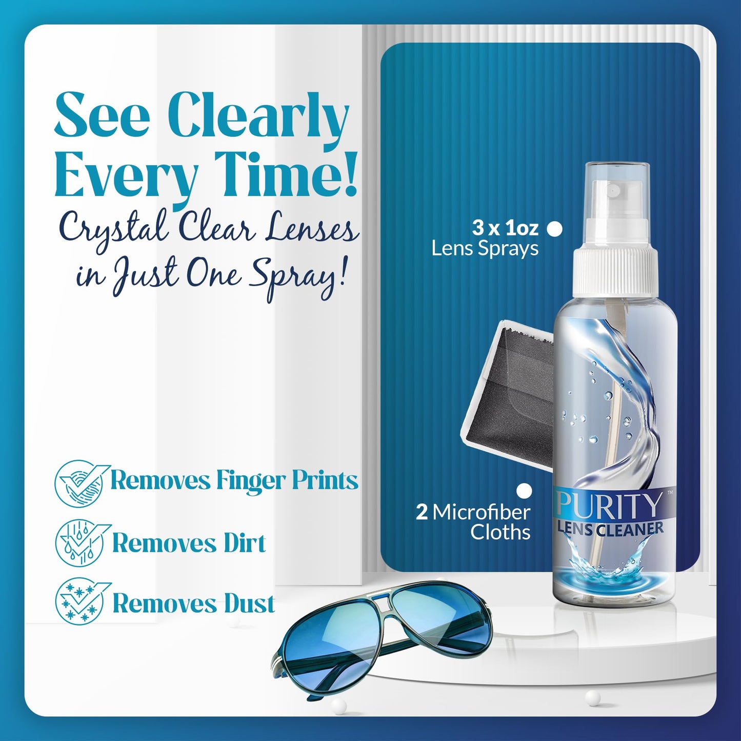 Purity Eyeglass Lens Cleaner Kit – 3 x 1oz Travel Bottles + 2 Microfiber Cloths | Safe for All Lenses