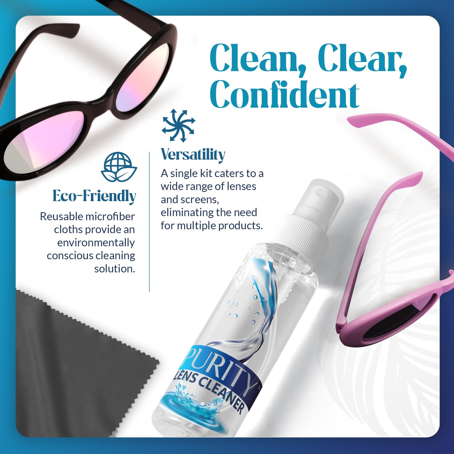 Purity Eyeglass Lens Cleaner Kit – 3 Travel-Size 2oz Bottles + 2 Microfiber Cloths | Safe for All Lenses & AR Coated
