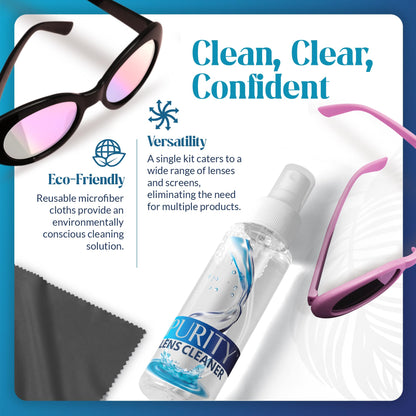 Purity Eyeglass Lens Cleaner Kit – 3 Travel-Size 2oz Bottles + 2 Microfiber Cloths | Safe for All Lenses & AR Coated