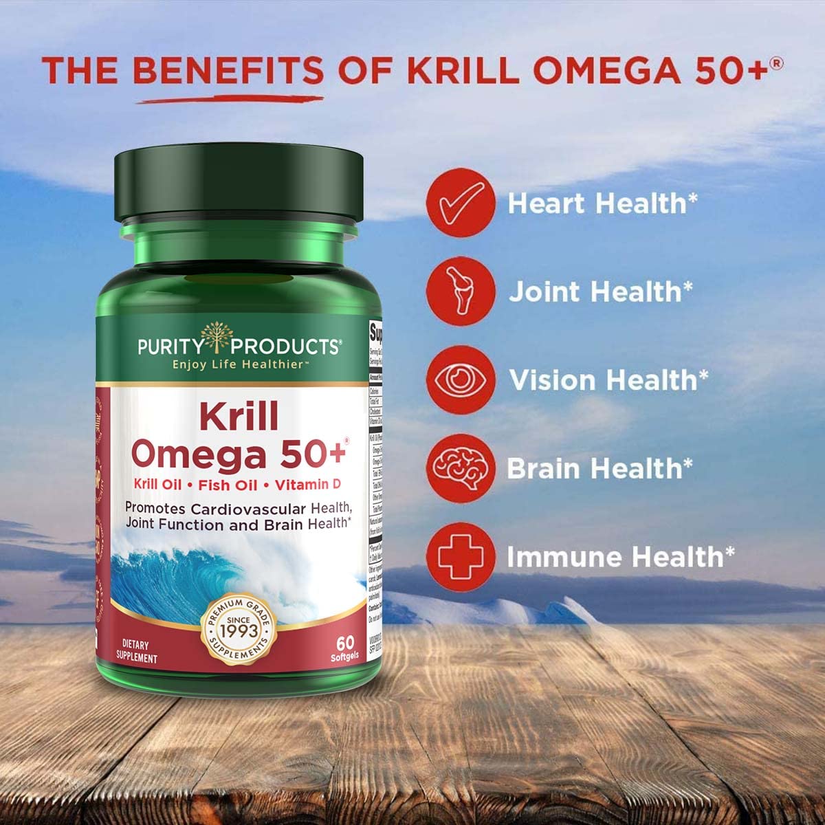 Purity Krill Omega 50 – Krill & Fish Oil Blend, Astaxanthin, Phospholipids, Vitamin D 500 IU | 60 Mini Softgels