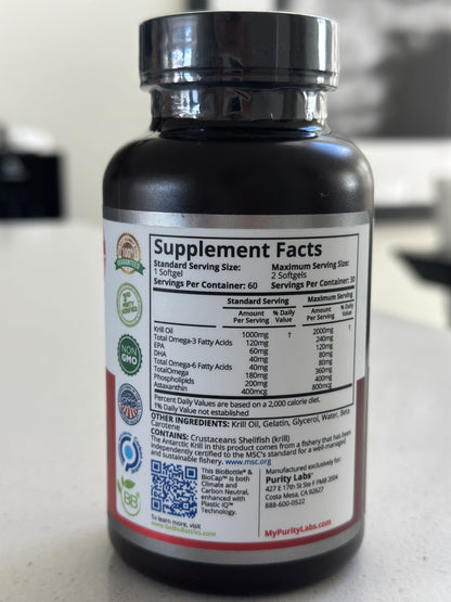 Purity Labs Antarctic Krill Oil 2000mg + Astaxanthin – Omega-3 (EPA/DHA) 60 Softgels