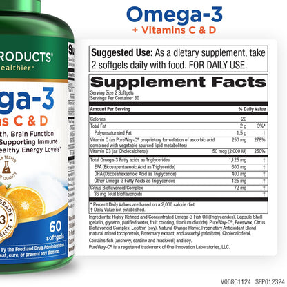 Purity Omega-3 Plus Vitamin C & D - 60 Softgels