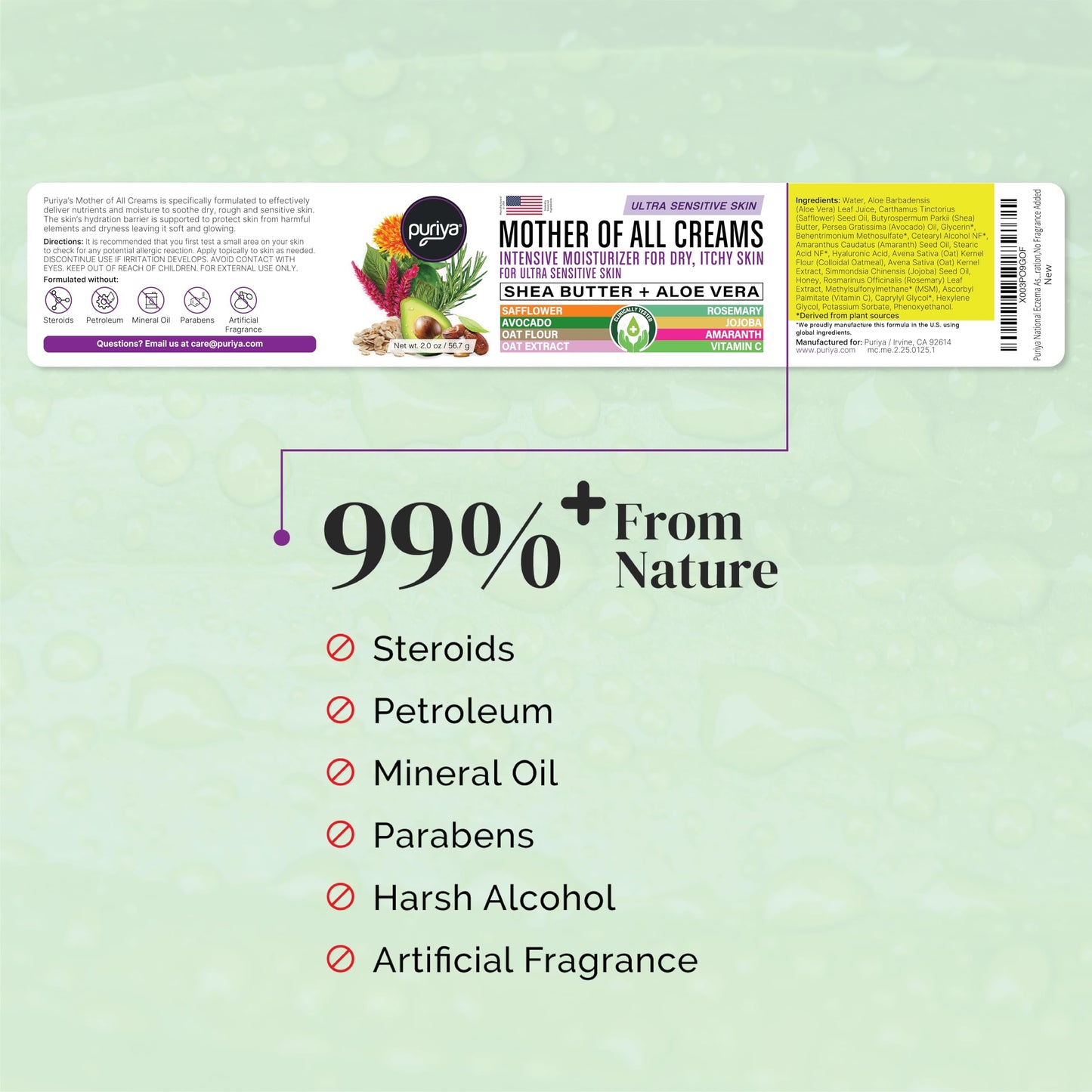 Puriya National Eczema Association Accepted Cream — 2 oz, Fragrance-Free, Plant-Based Hydration
