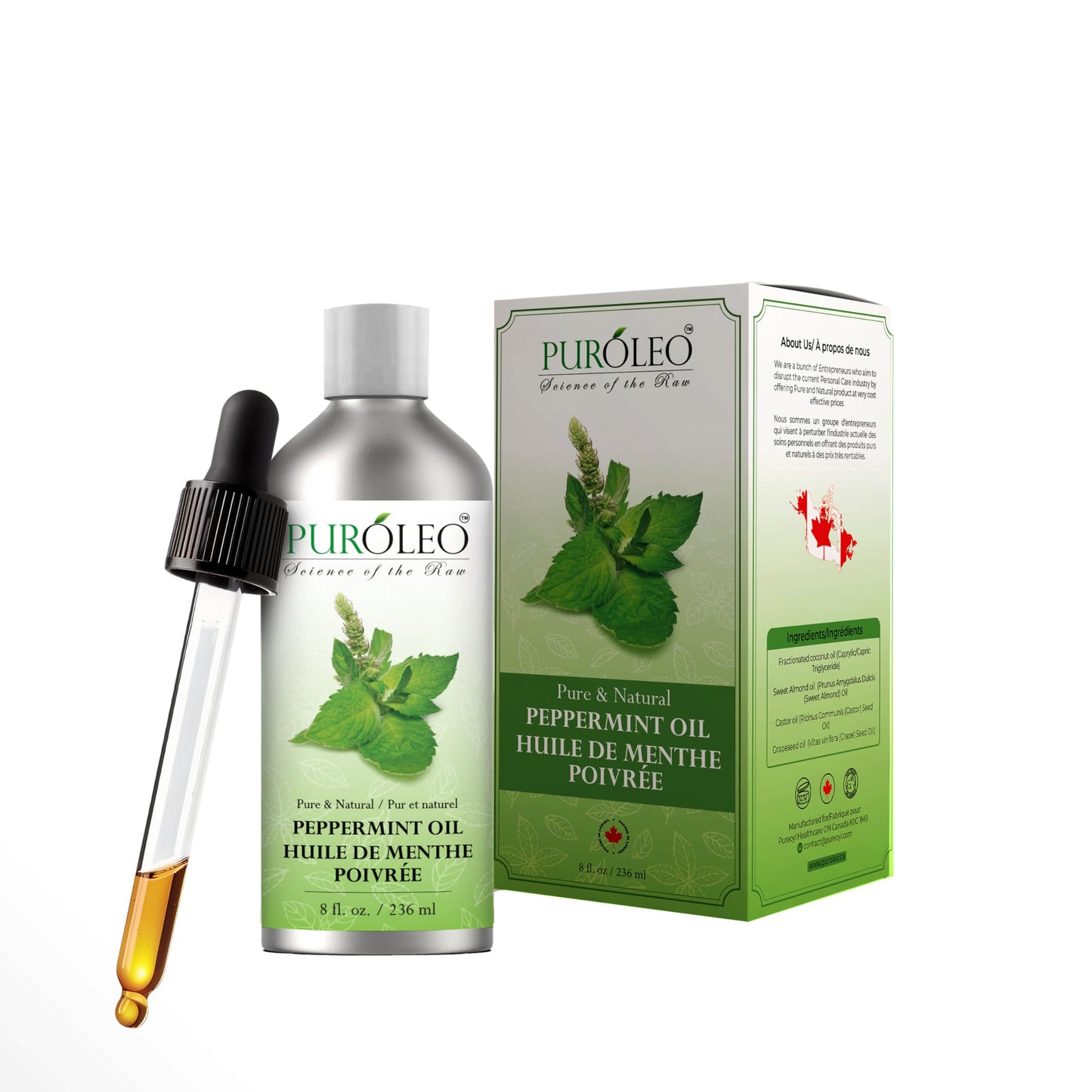 PURÓLEO Peppermint Essential Oil – Pure & Undiluted, 8 oz (Canada Pack)