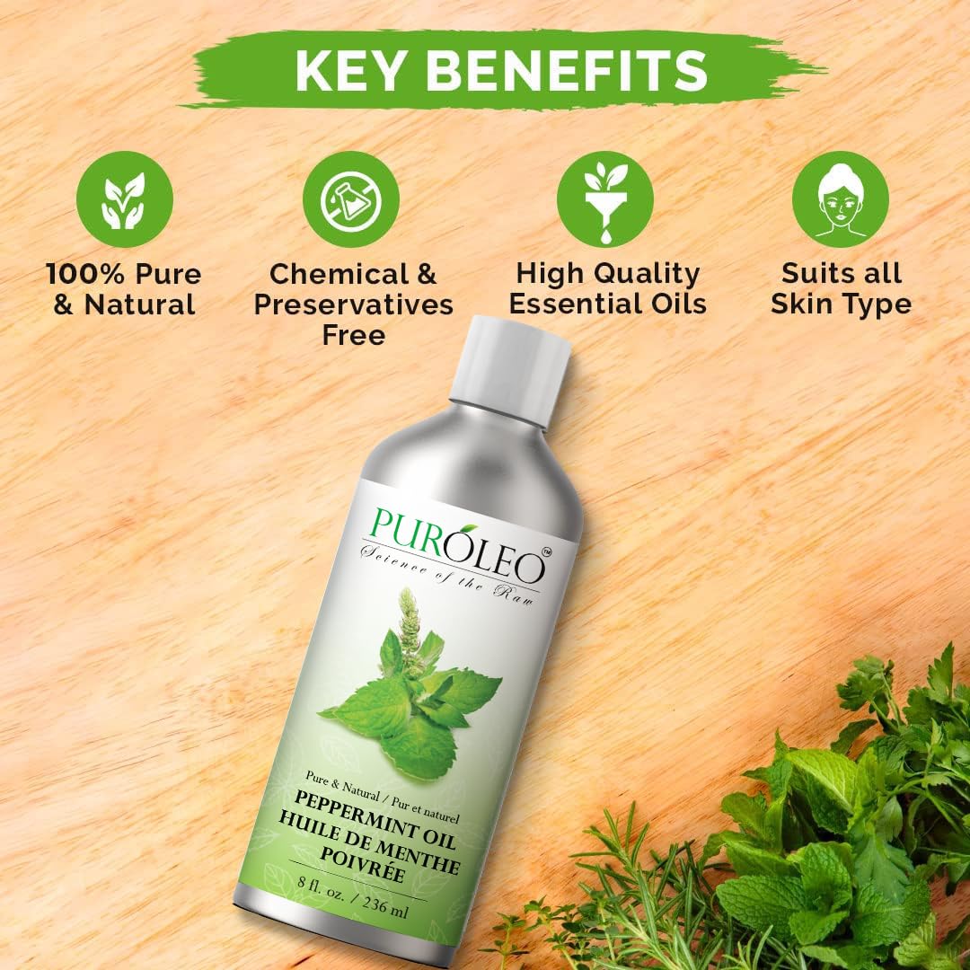 PURÓLEO Peppermint Essential Oil – Pure & Undiluted, 8 oz (Canada Pack)