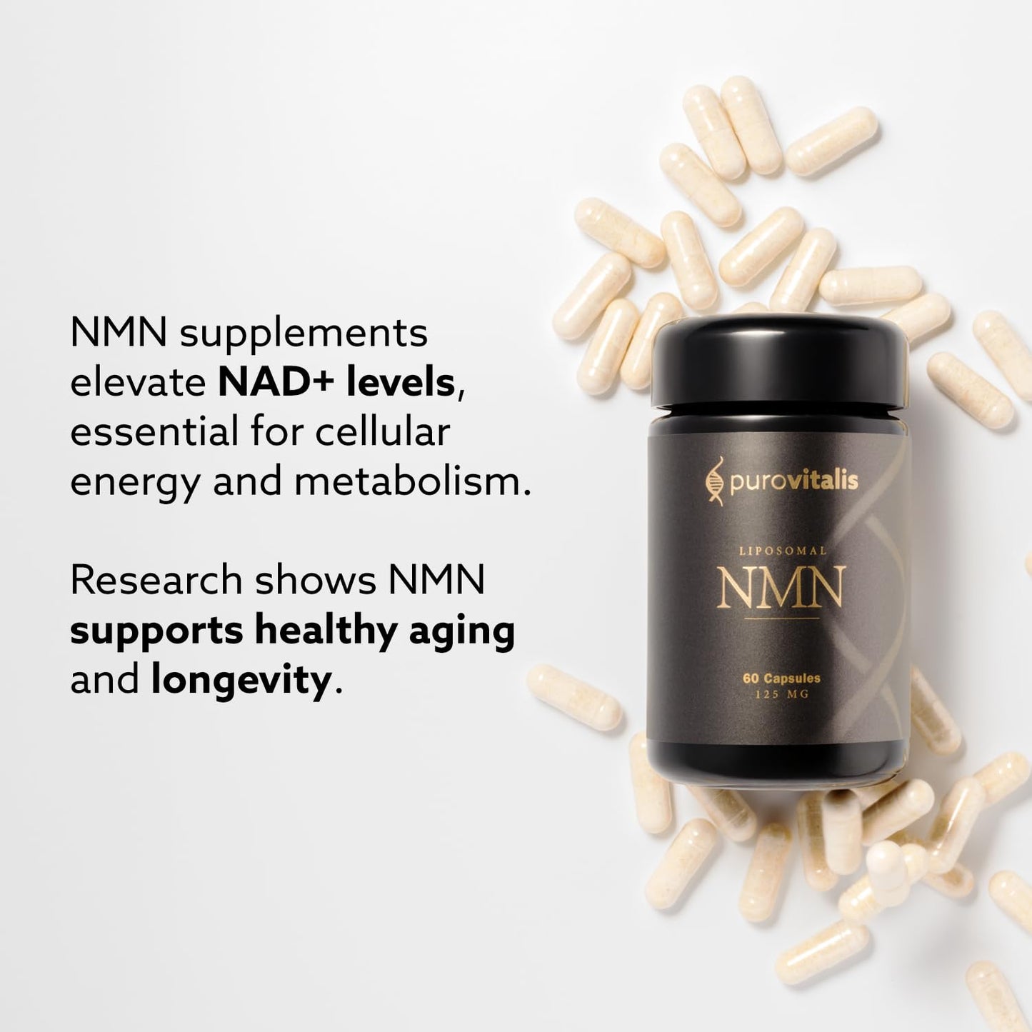 PUROVITALIS Liposomal NMN 250mg – Longevir NMN Supplement for NAD+ Boost, Cellular Health & Healthy Aging | 60 Vegan Capsules