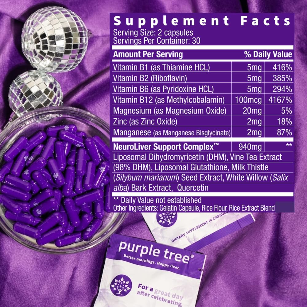 Purple Tree Post-Celebration Wellness Supplement | Liposomal DHM, Glutathione & Milk Thistle for Liver Support | 60 Capsules