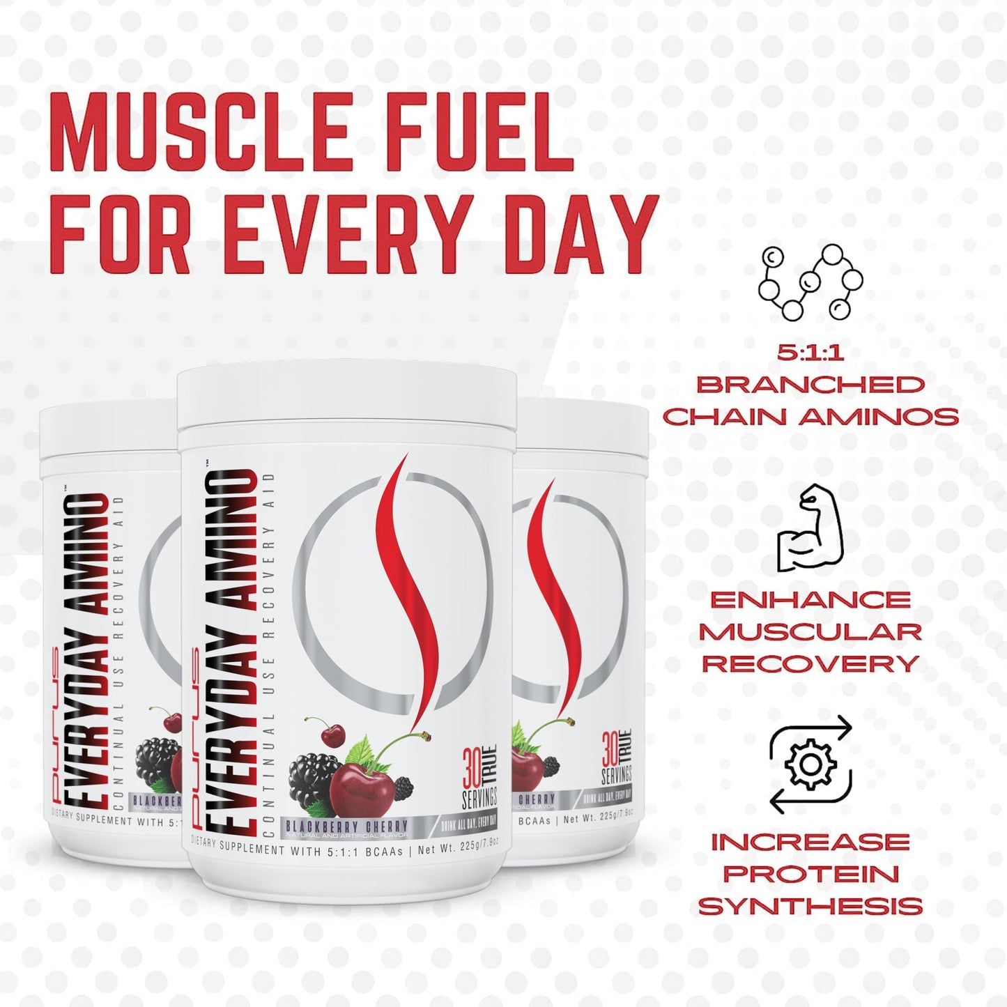 Purus Labs Everyday Amino BCAA Powder – Muscle Hydration & Recovery | Sugar Free & Gluten Free | 30 Servings (BlackBerry Cherry)
