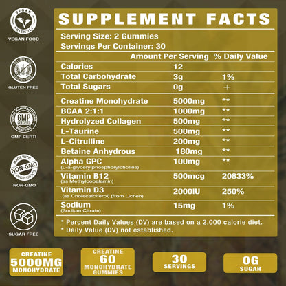 Putaojun Creatine Monohydrate with D3 & B12 - Sugar-Free Collagen & Creatine Gummies 120 Count