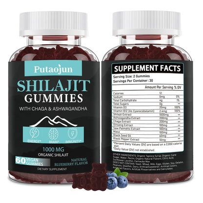 Putaojun Himalayan Gold Shilajit Gummies – 1000mg Shilajit, Ashwagandha, Chaga & Ginseng (For Men, Women & Kids)