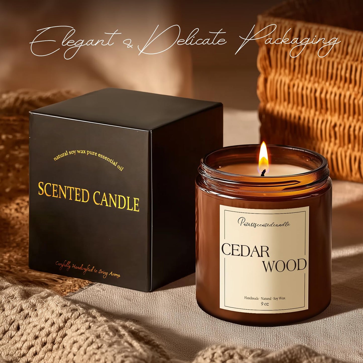Putart Cedar Wood Soy Candles – Natural, Non-Toxic, Long-Lasting 9oz Jar Candle