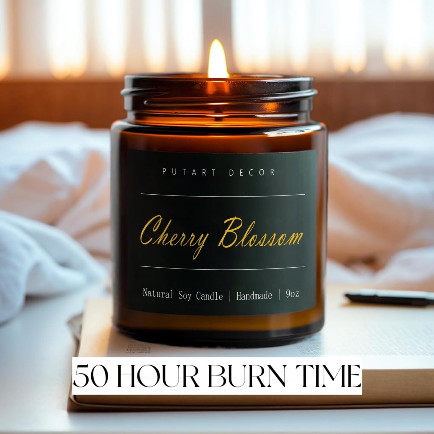 Putart Cherry Blossom Highly Scented Candle for Home, 9oz Natural Soy Aromatherapy Non Toxic Candles with Essential Oil, Home Fragrance Stress Relief & Meditation Jar Candles Gifts for Women & Men