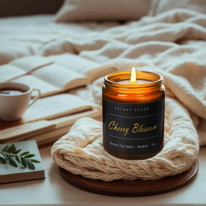 Putart Cherry Blossom Highly Scented Candle for Home, 9oz Natural Soy Aromatherapy Non Toxic Candles with Essential Oil, Home Fragrance Stress Relief & Meditation Jar Candles Gifts for Women & Men