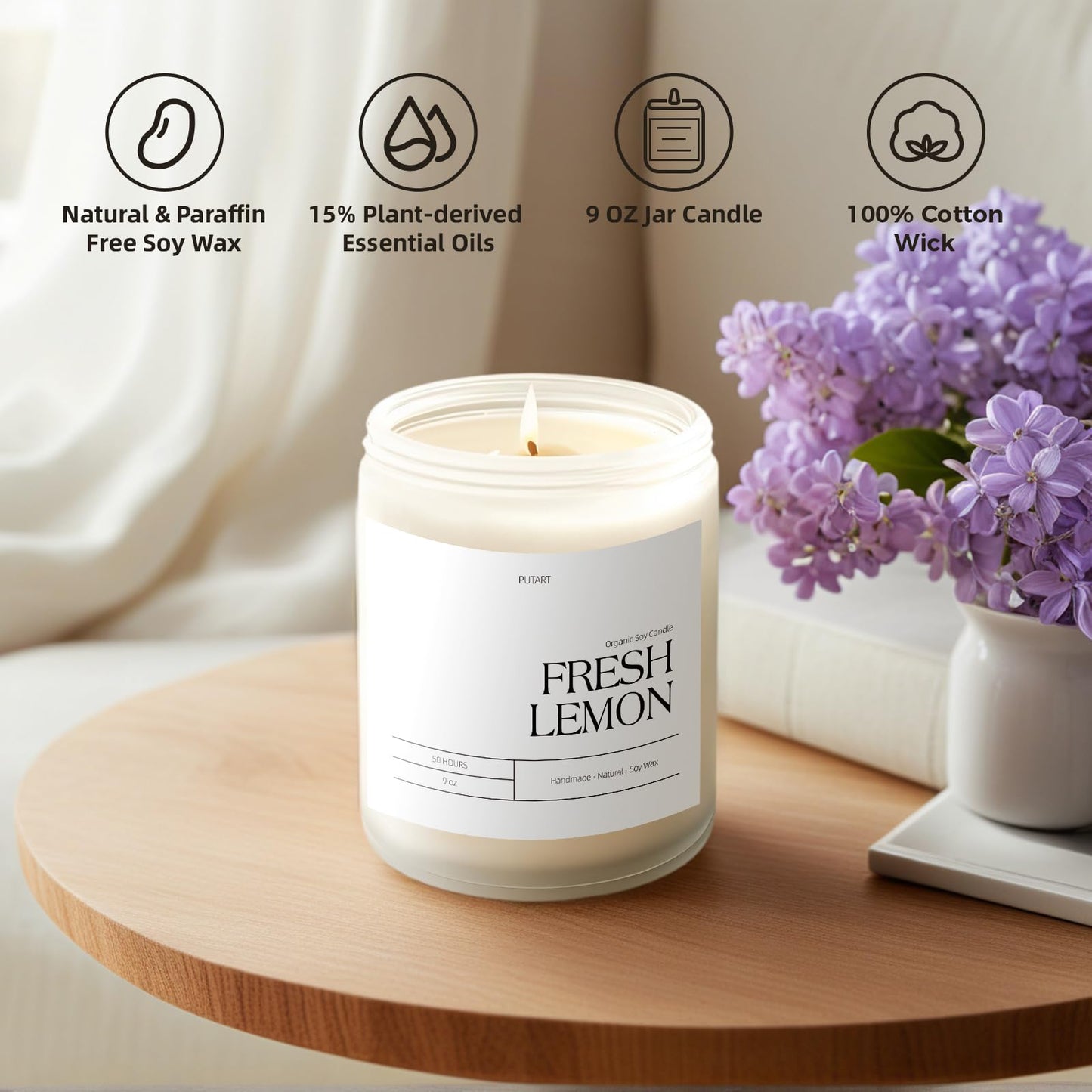 Putart Fresh Lemon 9oz Natural Soy Candle - Aromatherapy, Non-Toxic, White Jar