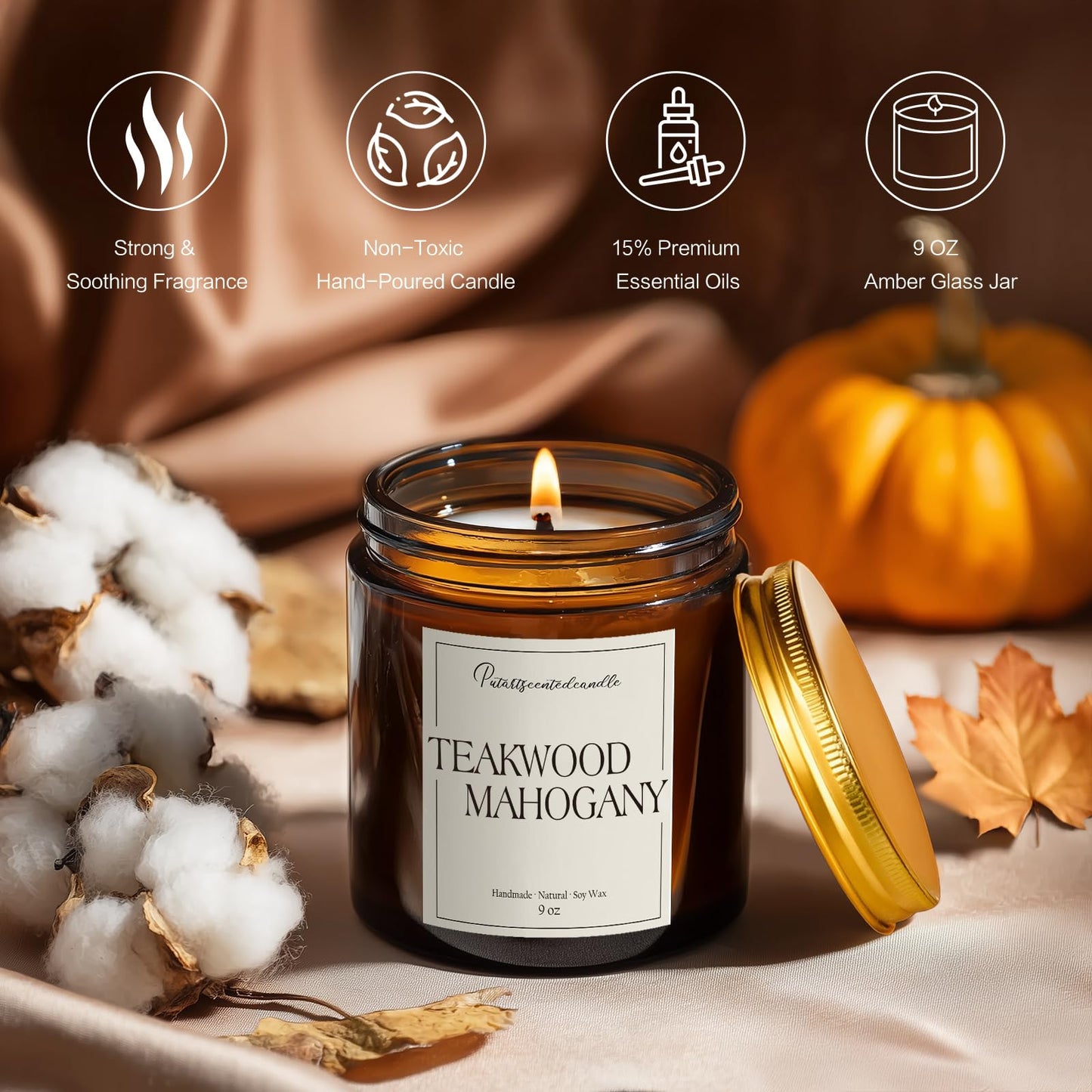 Putart Mahogany & Teakwood 9oz Soy Candle – Natural Aromatherapy Jar for Home (Stress Relief & Meditation)