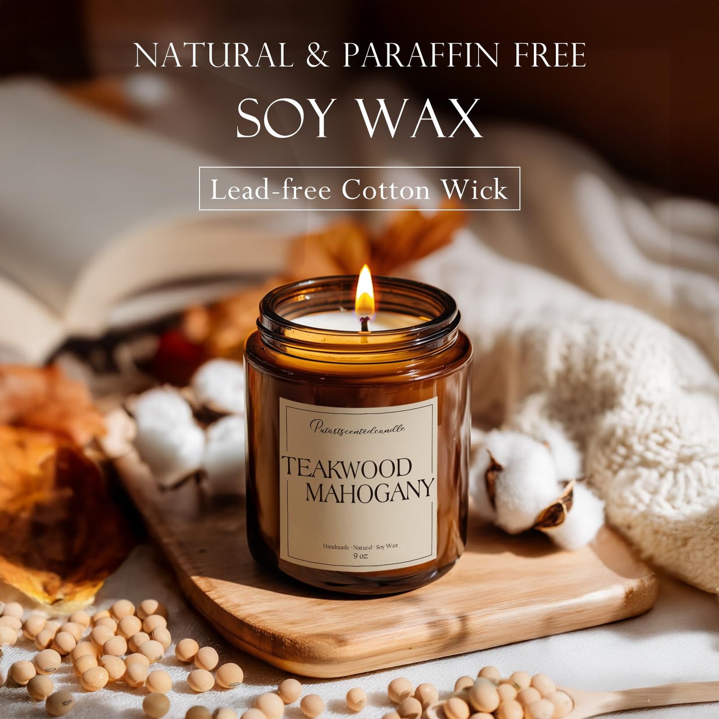 Putart Mahogany & Teakwood 9oz Soy Candle – Natural Aromatherapy Jar for Home (Stress Relief & Meditation)