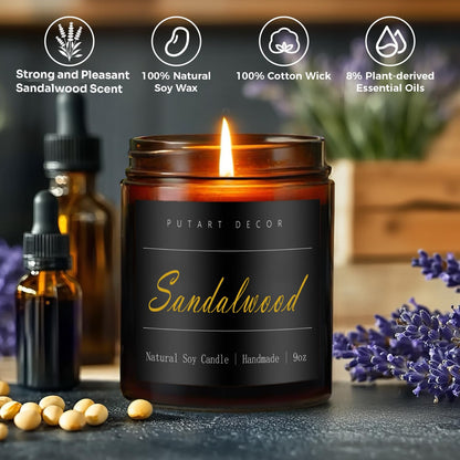 Putart Sandalwood Scented Candles – 9oz Natural Soy Wax Jar Candle
