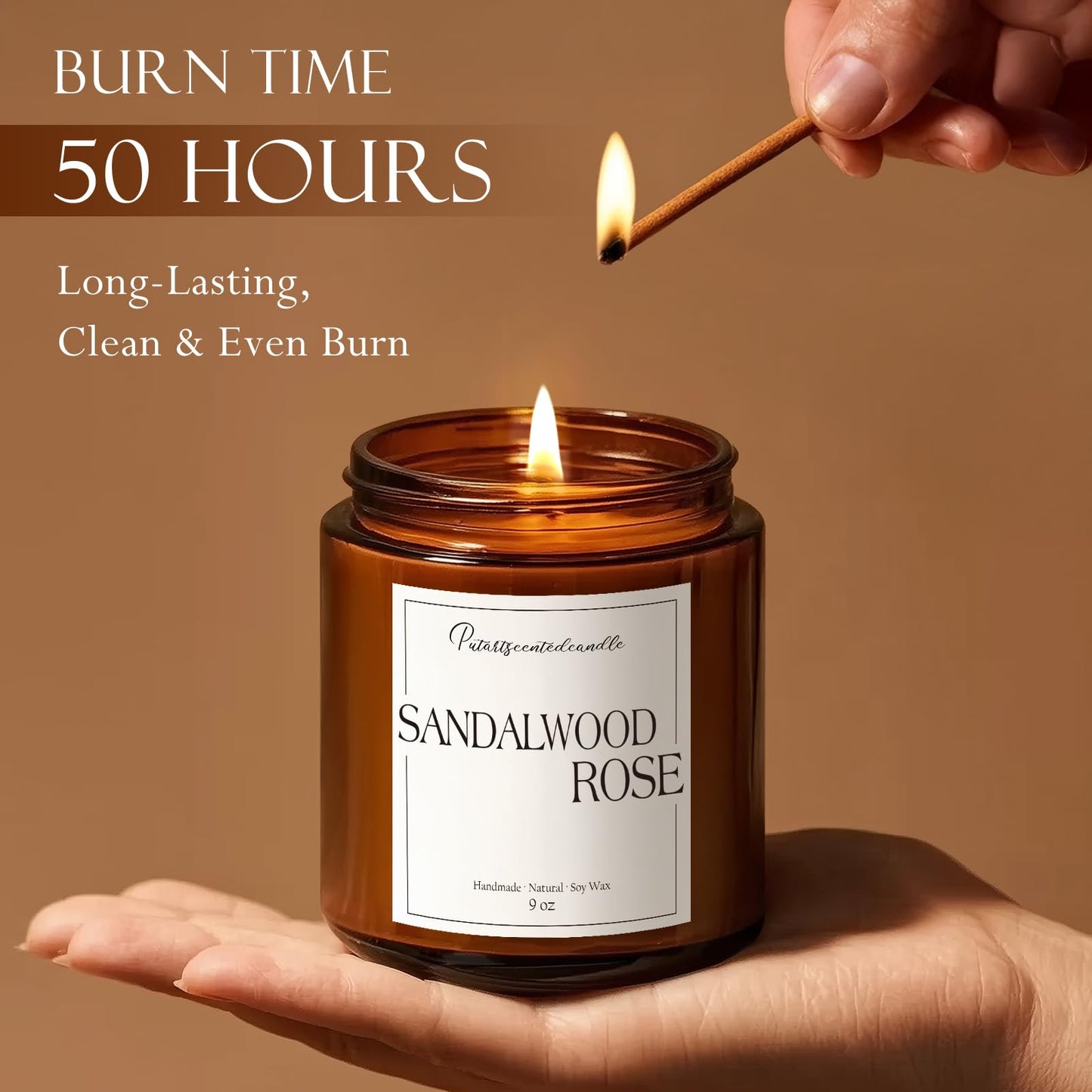 Putart Sandalwood & Rose Scented Candle – Natural Soy Wax 9oz Jar | Aromatherapy, Stress Relief Gift for Men & Women