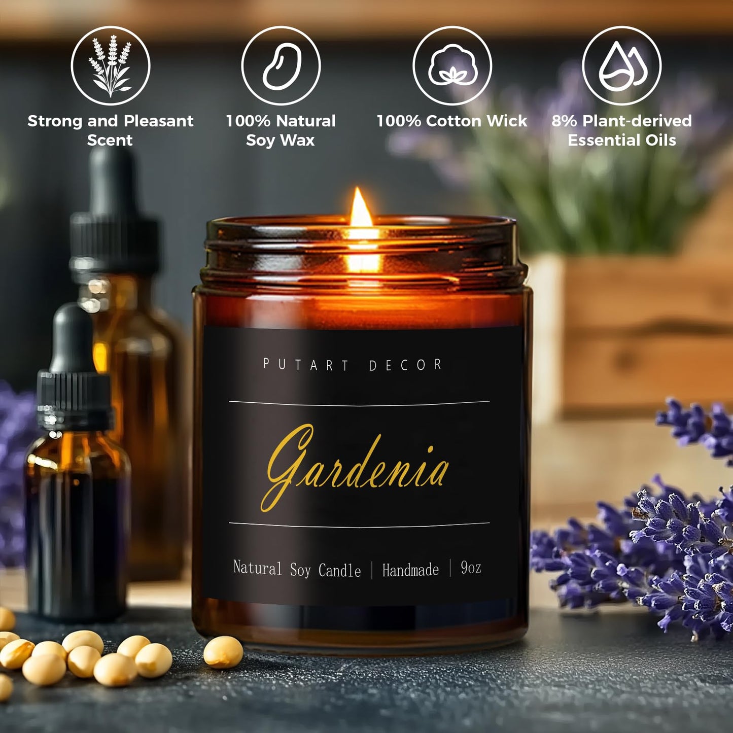 Putart Gardenia Scented Candles – 9oz Natural Soy Wax Jar Candle