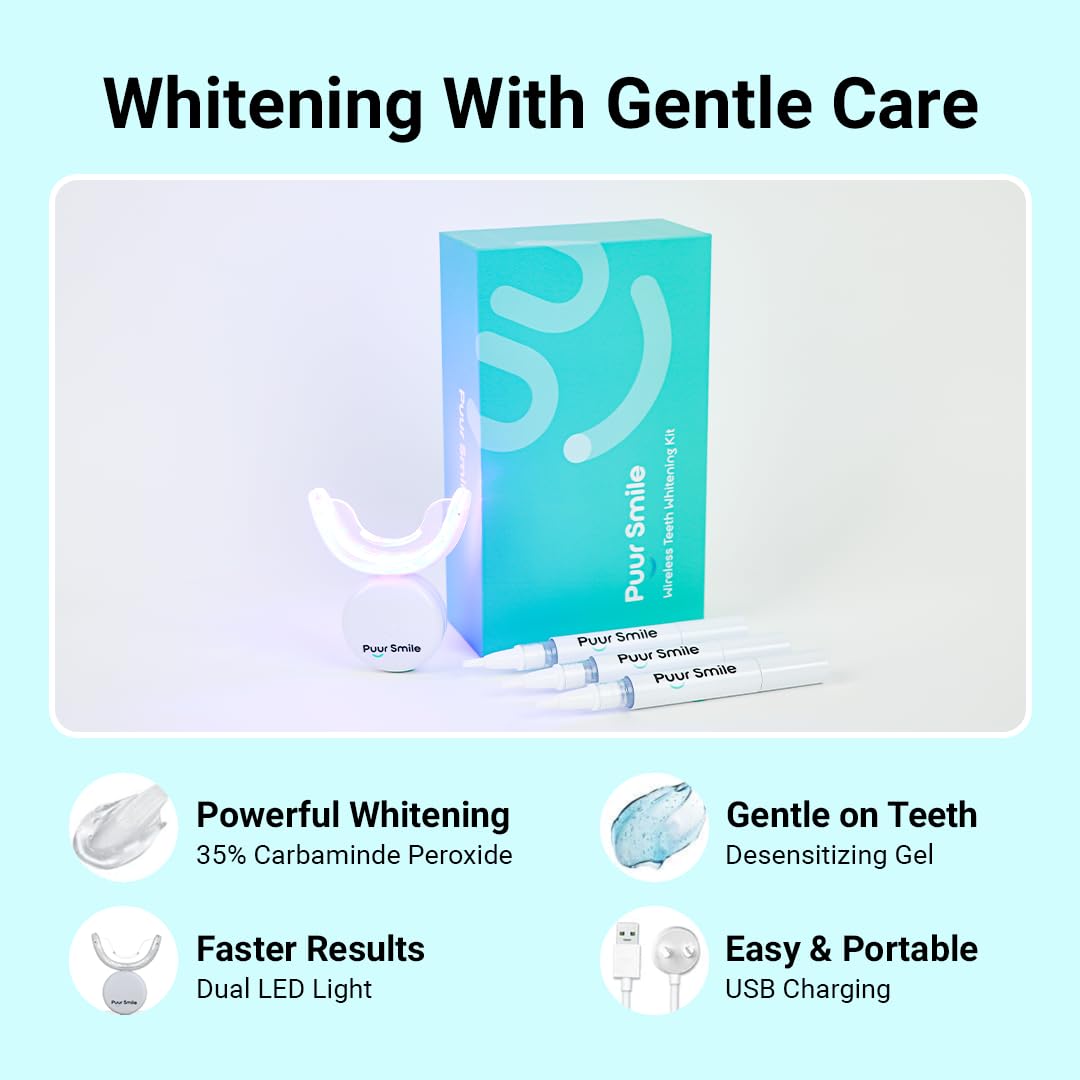 Puur Smile Teeth Whitening Kit - LED Light, Gel, Remineralization for Sensitive Teeth