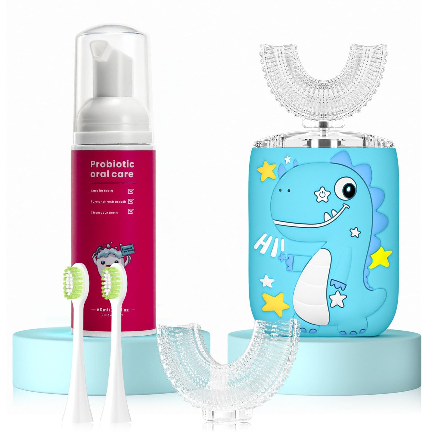 PVOGRT Kids Electric U-Shaped Toothbrush - 6 Cleaning Modes, 360° Sonic Cleaning, IPX7 Waterproof, Age 2-7, Blue