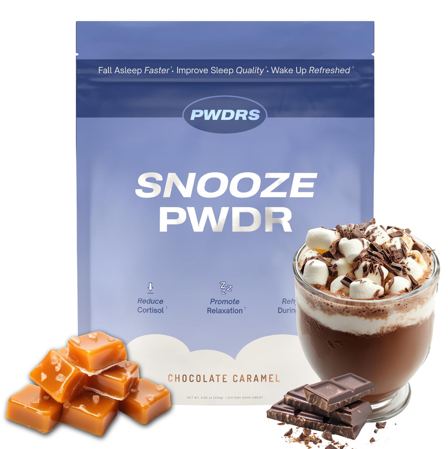PWDRS Snooze Sleepy Time Hot Chocolate – All-Natural Sleep Support | 20 Calories | Non-GMO | Chocolate Caramel