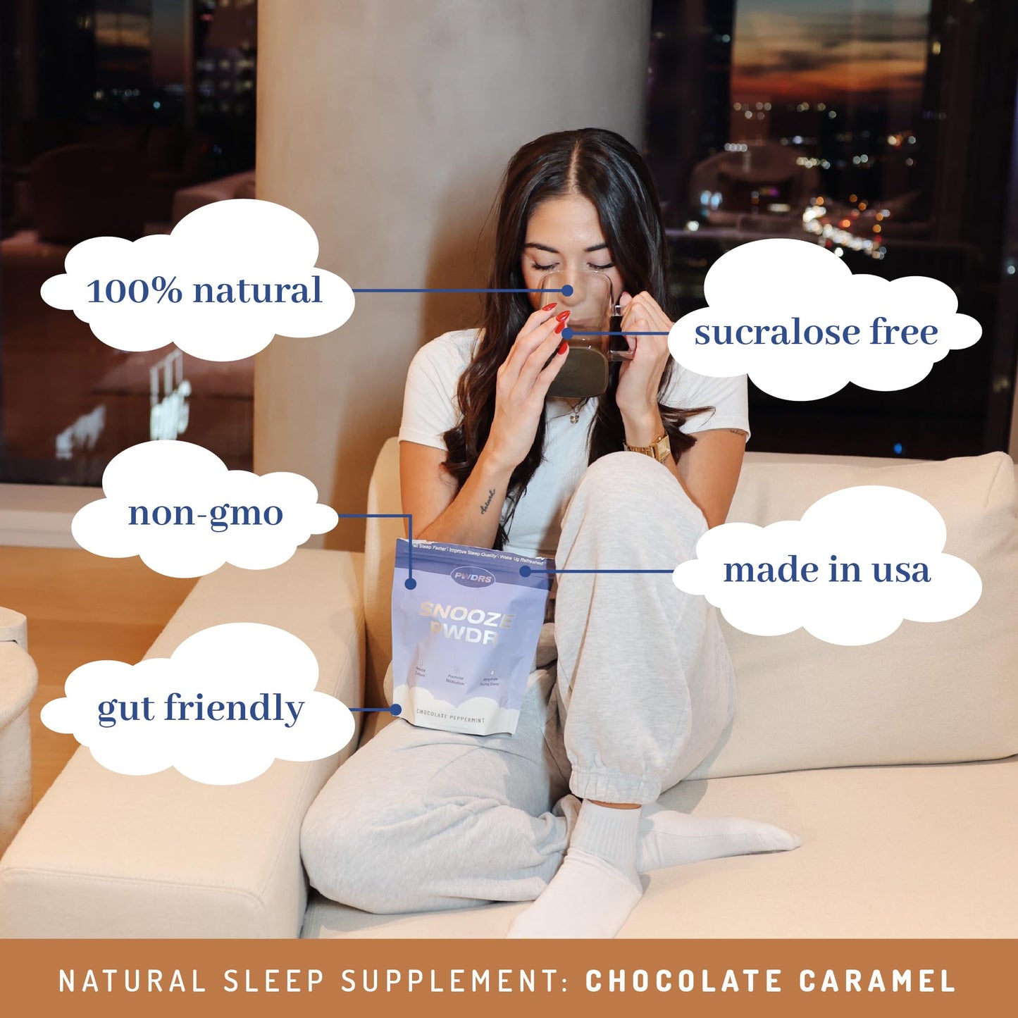 PWDRS Snooze Sleepy Time Hot Chocolate – All-Natural Sleep Support | 20 Calories | Non-GMO | Chocolate Caramel