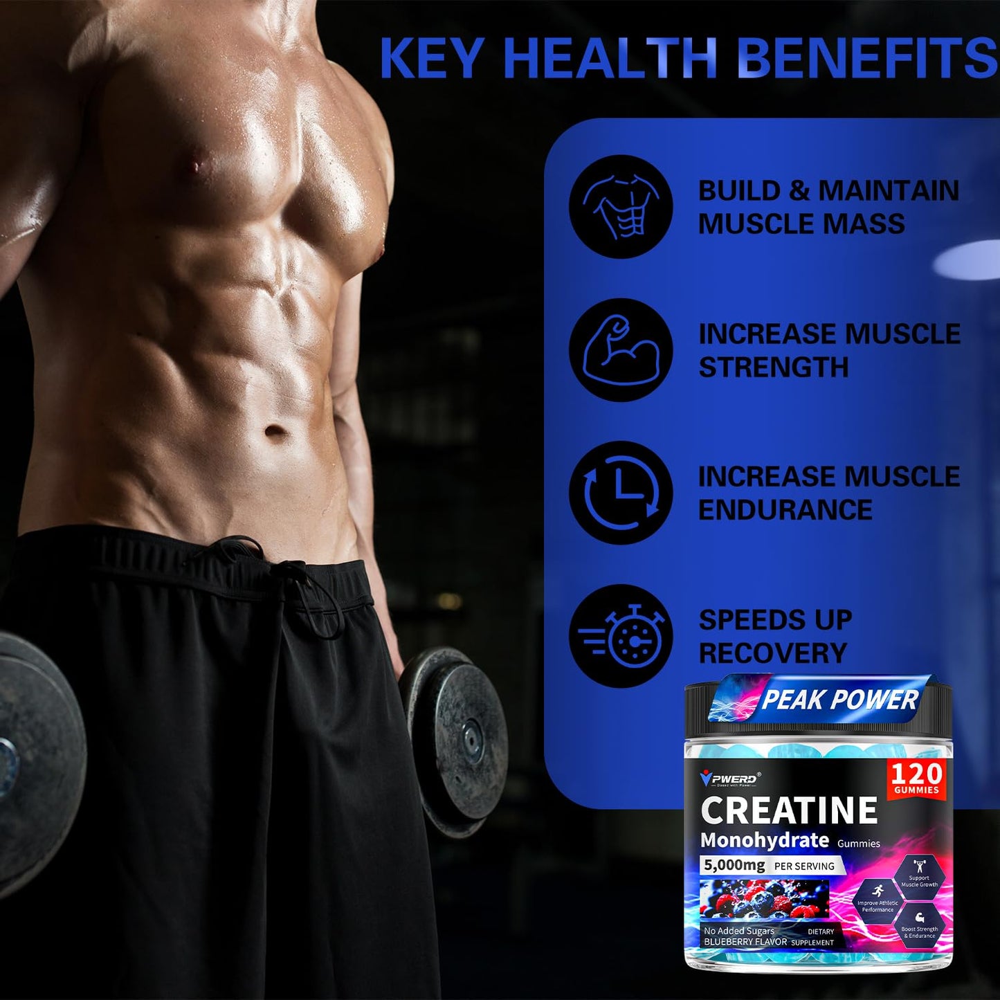 PWERD 120-Count Creatine Monohydrate Gummies 5g – Blueberry, Vegan & Sugar-Free