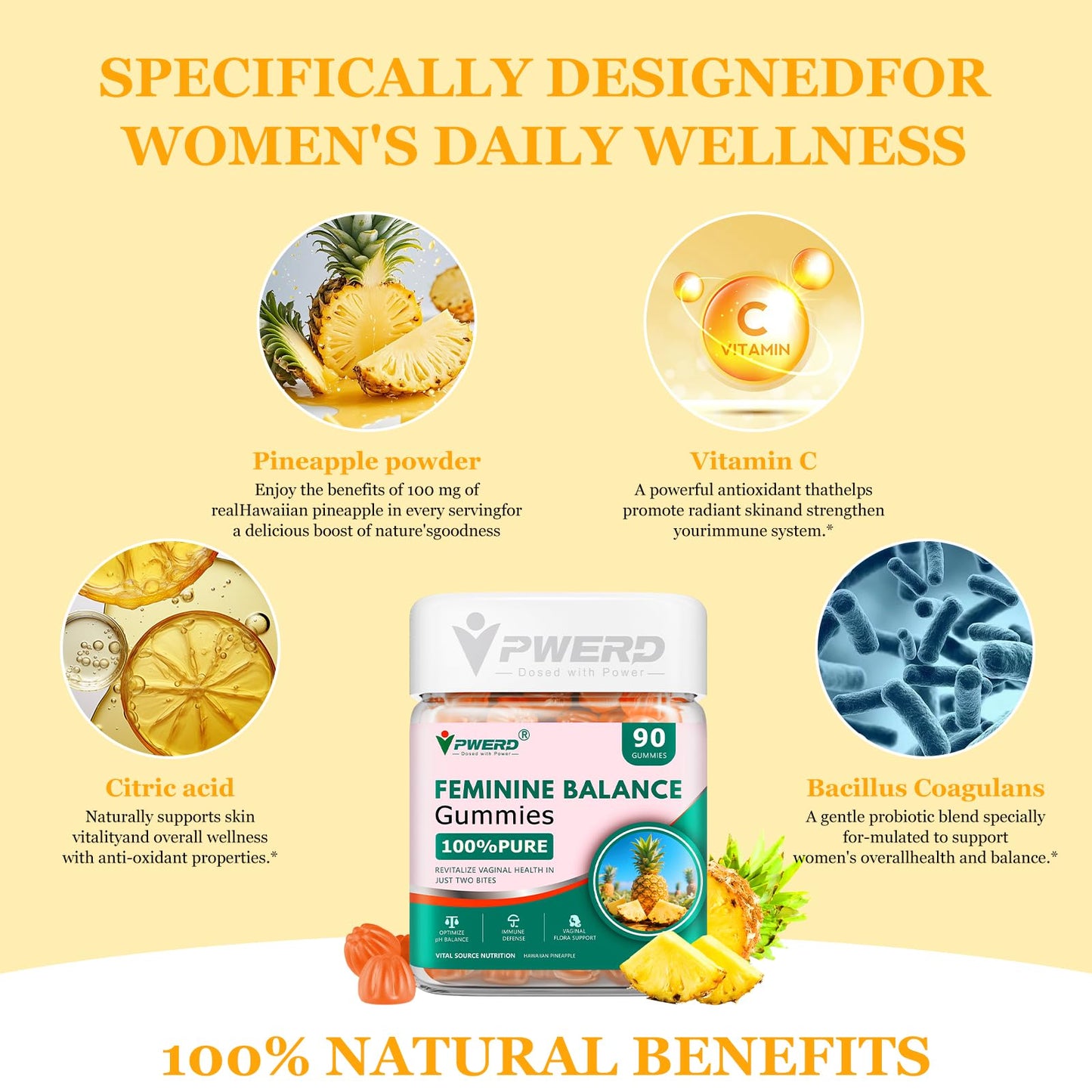 PWERD 90-Count Feminine Balance Pineapple Gummies for Women | PH-Balanced Probiotics