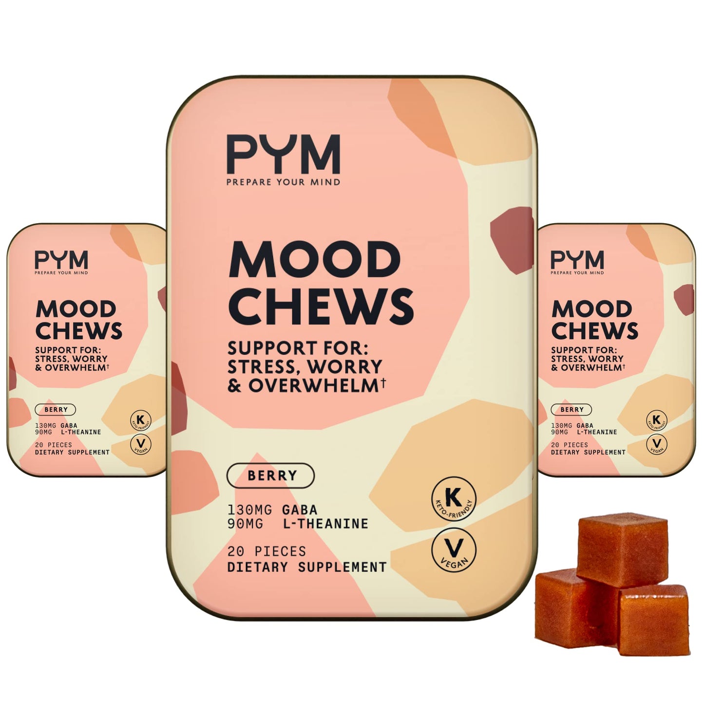 PYM Berry Mood Chews – 60 Count | 130mg GABA, 90mg L-Theanine | Vegan, Non-GMO, Gluten-Free | Made in USA