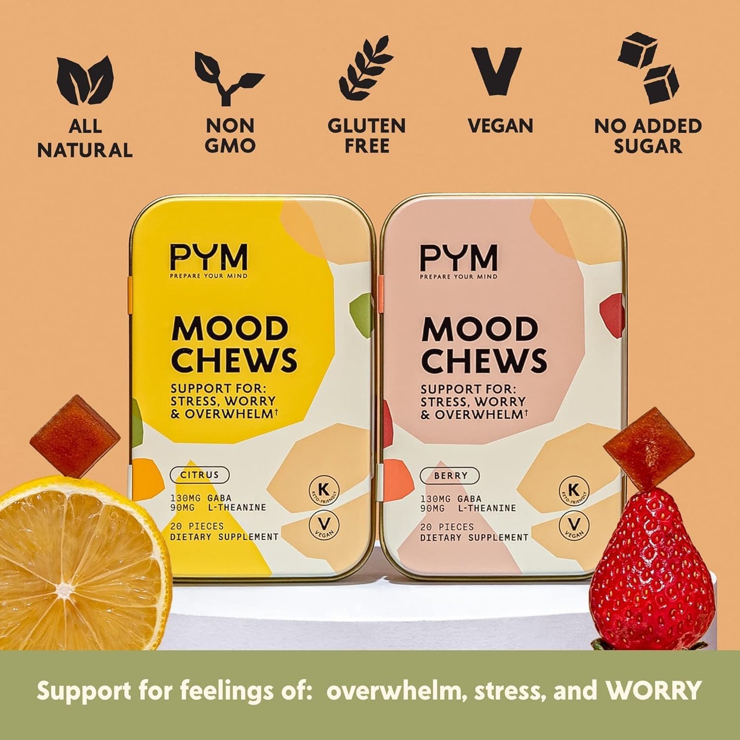 PYM Citrus Mood Chews – 60 Count | GABA 130mg, L-Theanine 90mg | Vegan, Non-GMO, Gluten-Free, Made in USA