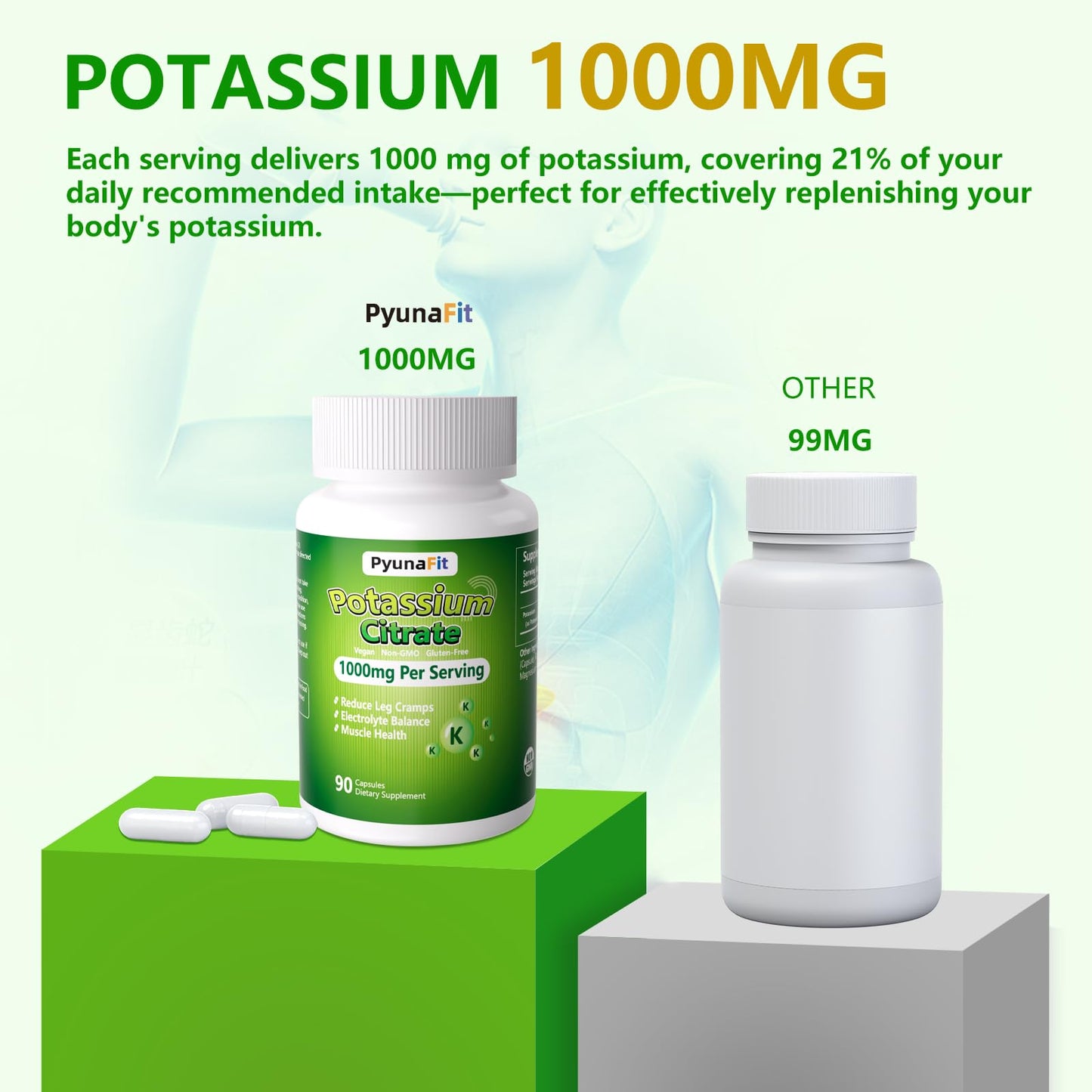 PYUNAFIT Potassium 1000mg – High Potassium Citrate for Leg Cramps, Muscle & Heart Health, 90 Capsules
