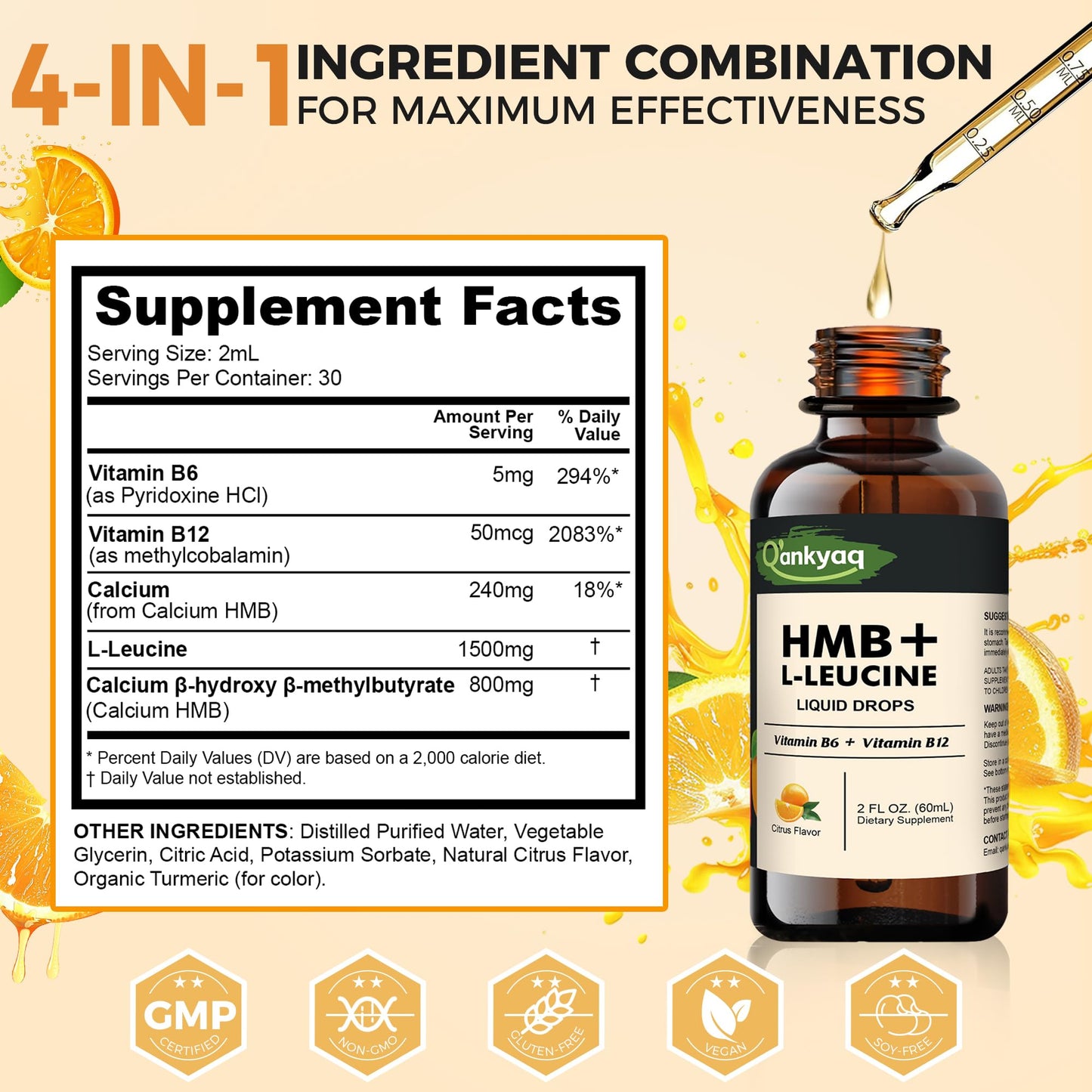 Q'ankyaq Leucine HMB Liquid Drops – Sugar Free, Vegan, 2 Fl Oz | L-Leucine HMB for Muscle Support & Recovery
