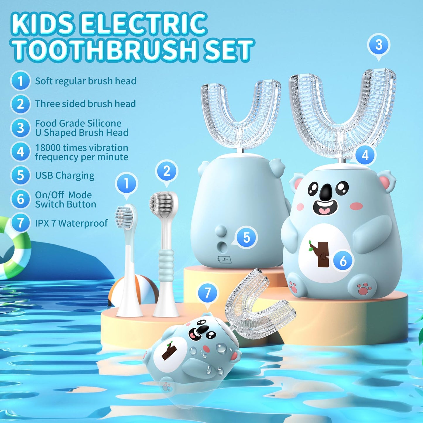 QDCYP Kids U-Shaped Electric Toothbrush | 6 Modes, 4 Brush Heads, Koala Design (Ages 2-6)