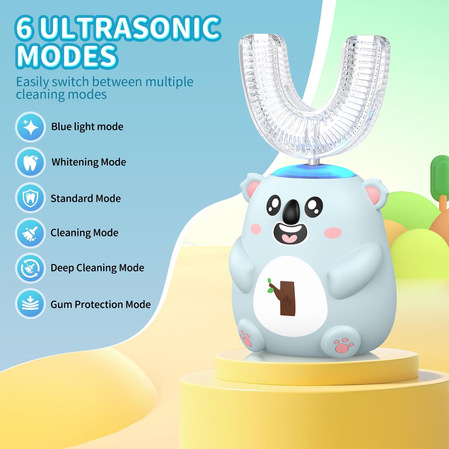 QDCYP Kids U-Shaped Electric Toothbrush | 6 Modes, 4 Brush Heads, Koala Design (Ages 2-6)